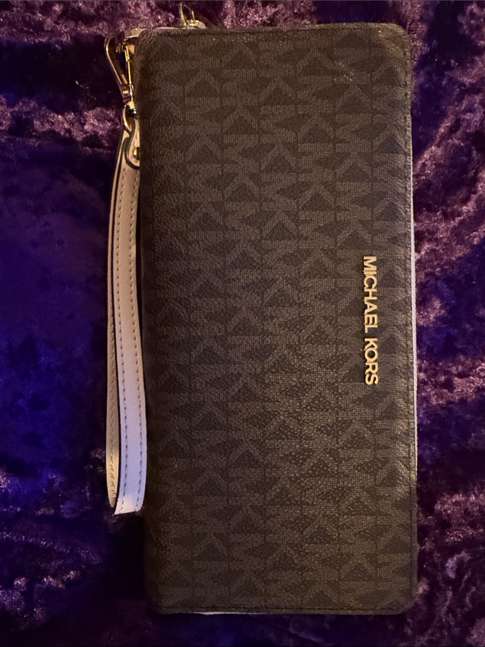 Michael Kors Brown Logo Zip-Around Wristlet with Gold Hardware